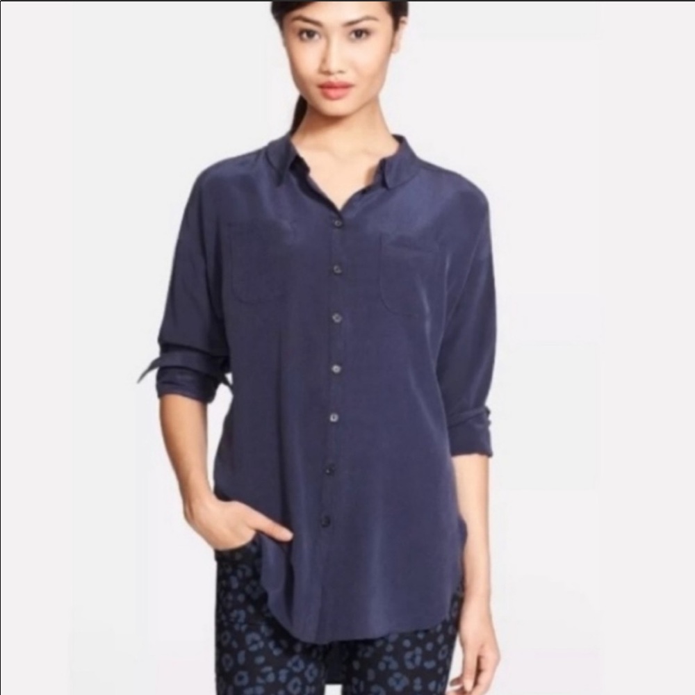 Kate Spade Navy Blue Button Down Silk Shirt Long Sleeve High Low Back